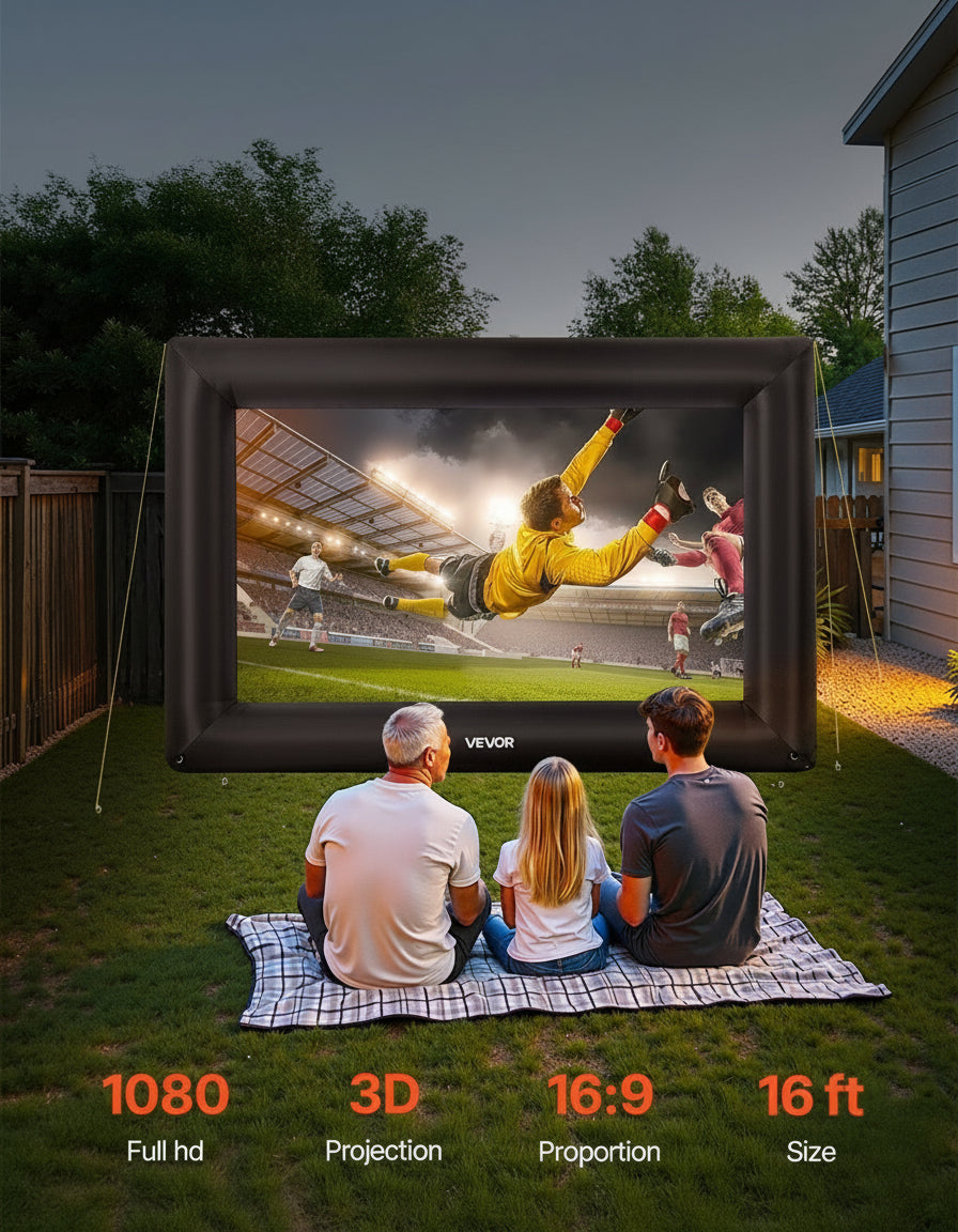 16FT Inflatable Projector Screen, With 250W Air Blower Projector Screen Oxford Fabric Material Blow Up Screen, For Outdoor Backyard, Home Theater, Theme Party