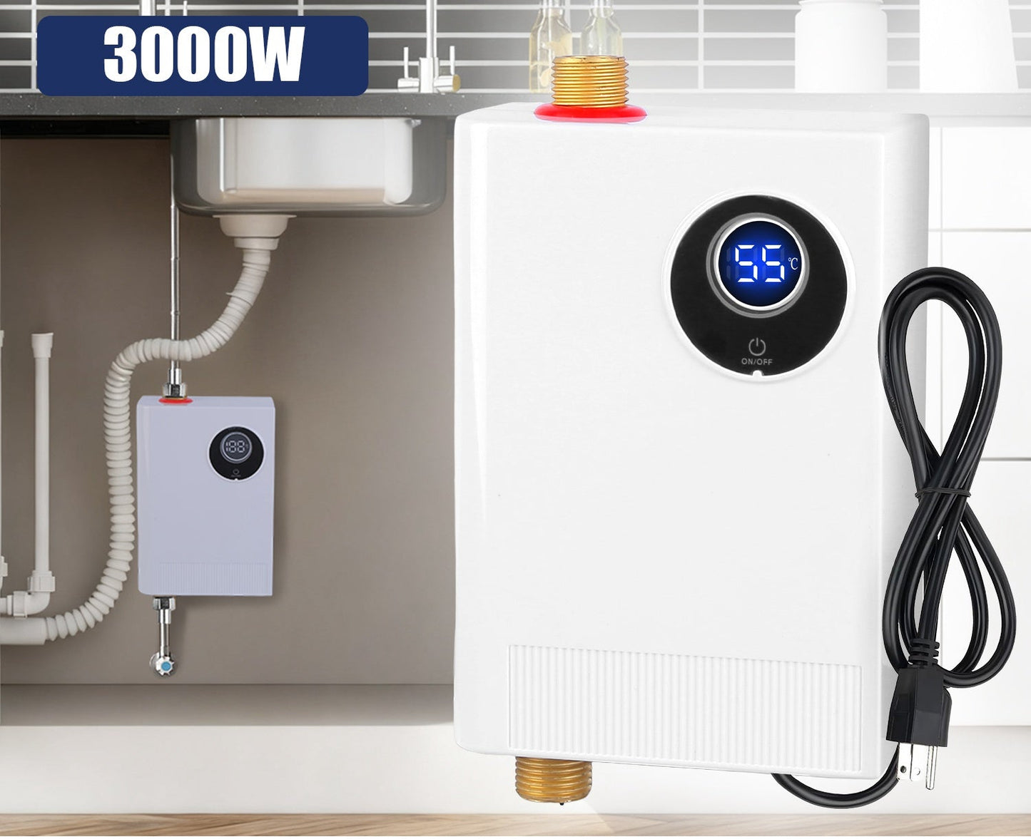 3000W Electric Tankless Water Heater, With Digital Display For Kitchen Or Bathroom Use