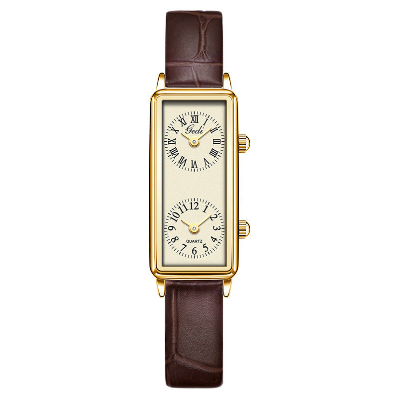 Double Time Zone Business Niche Retro Rectangular, Women's Quartz Watch