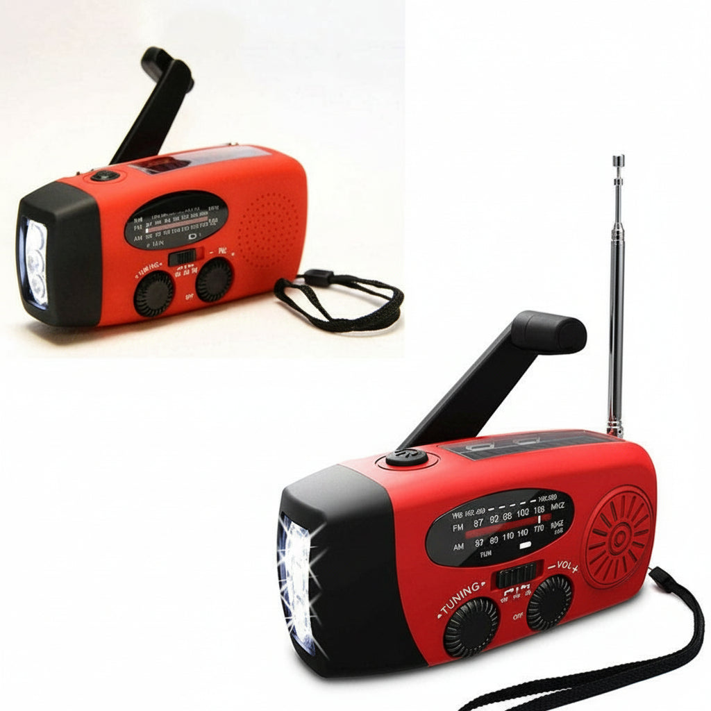 Solar hand crank USB charging radio flashlight