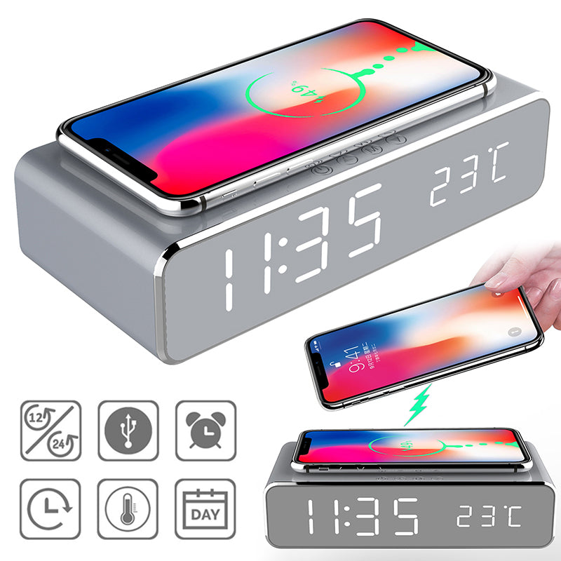 LED Electric Alarm Clock With Wireless Charger, Desktop Digital HD Mirror Clock