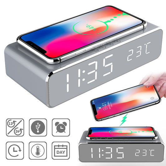 LED Electric Alarm Clock With Wireless Charger, Desktop Digital HD Mirror Clock