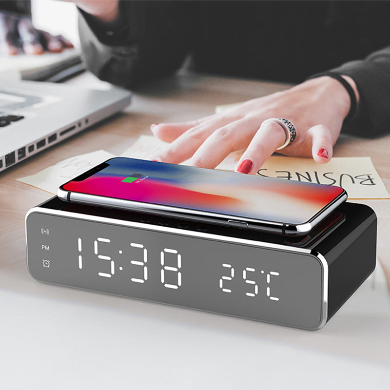 LED Electric Alarm Clock With Wireless Charger, Desktop Digital HD Mirror Clock
