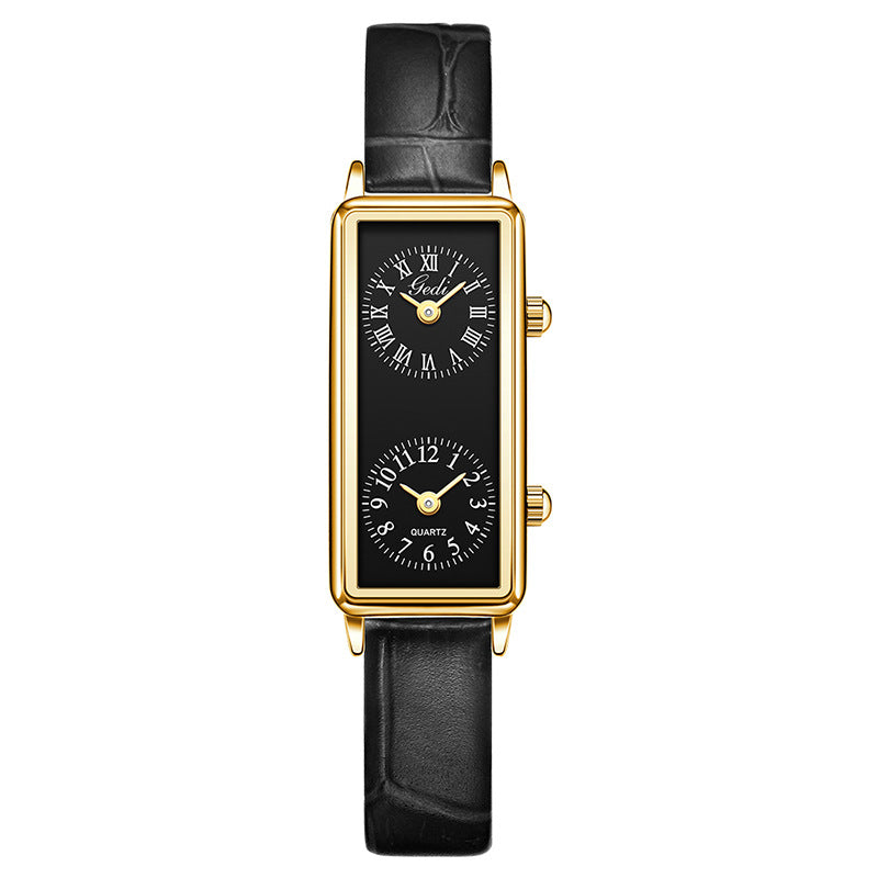 Double Time Zone Business Niche Retro Rectangular, Women's Quartz Watch
