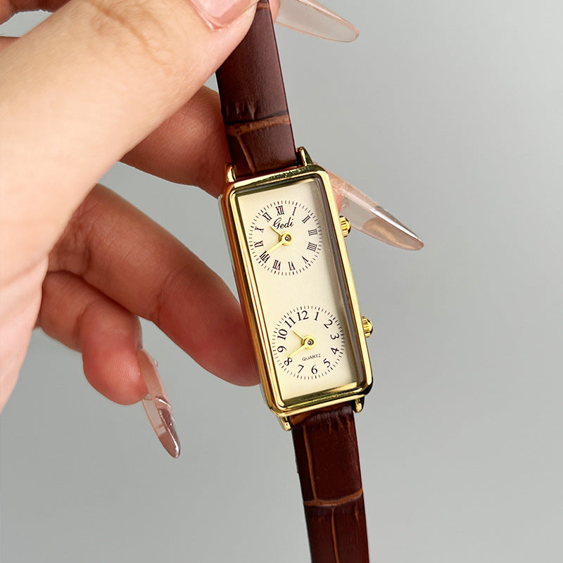 Double Time Zone Business Niche Retro Rectangular, Women's Quartz Watch
