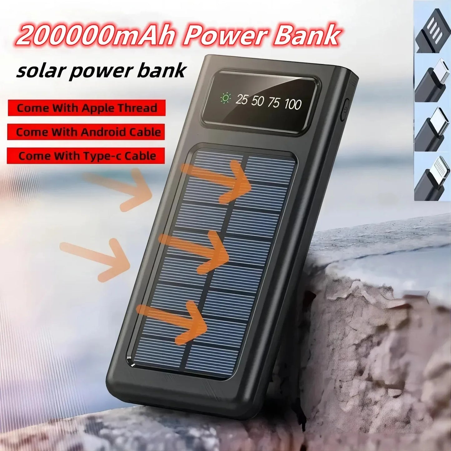 200000mAh Solar Charging Power Bank Comes With Four Wires Suitable