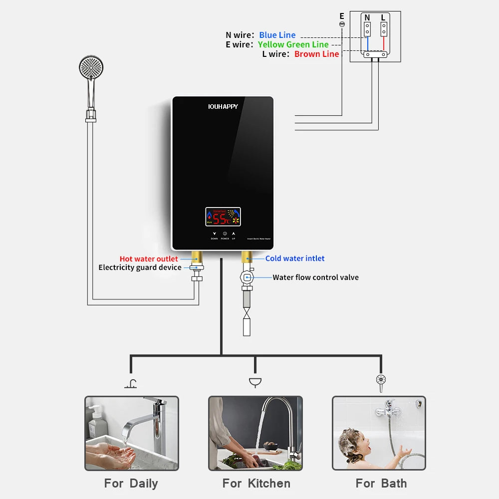 Instant Tankless Electric Water Heater 220V-6000W For Bathroom And Kitchen with LCD Display