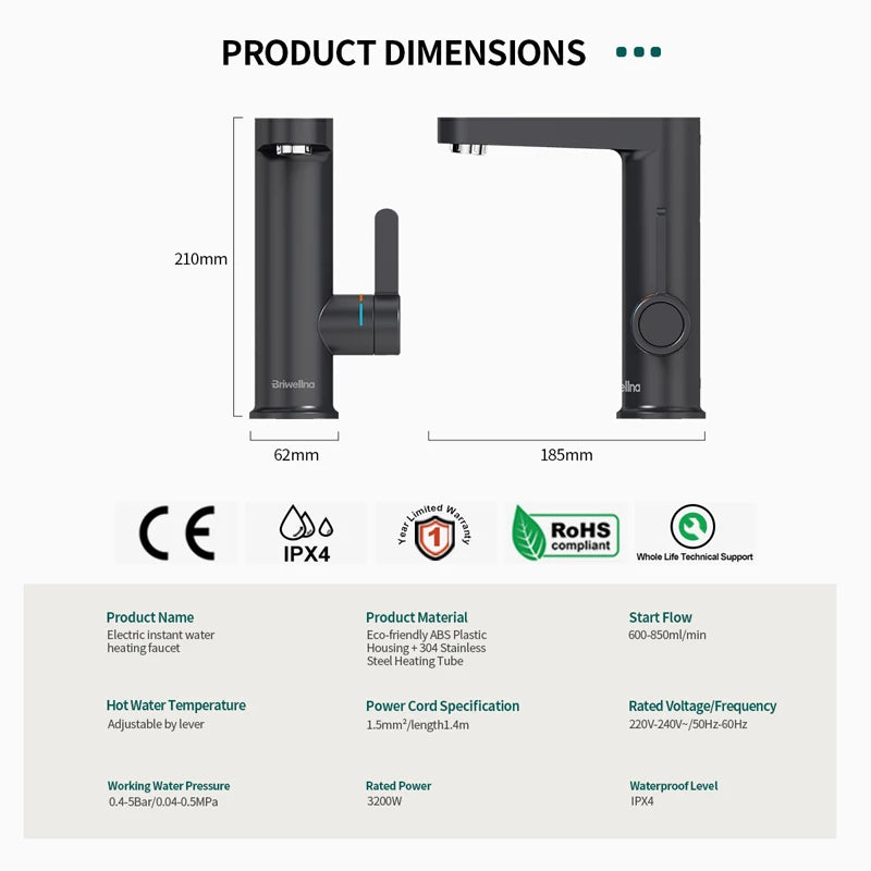 Briwellna Electric Water Heater Faucet 2 in 1 Basin 220V