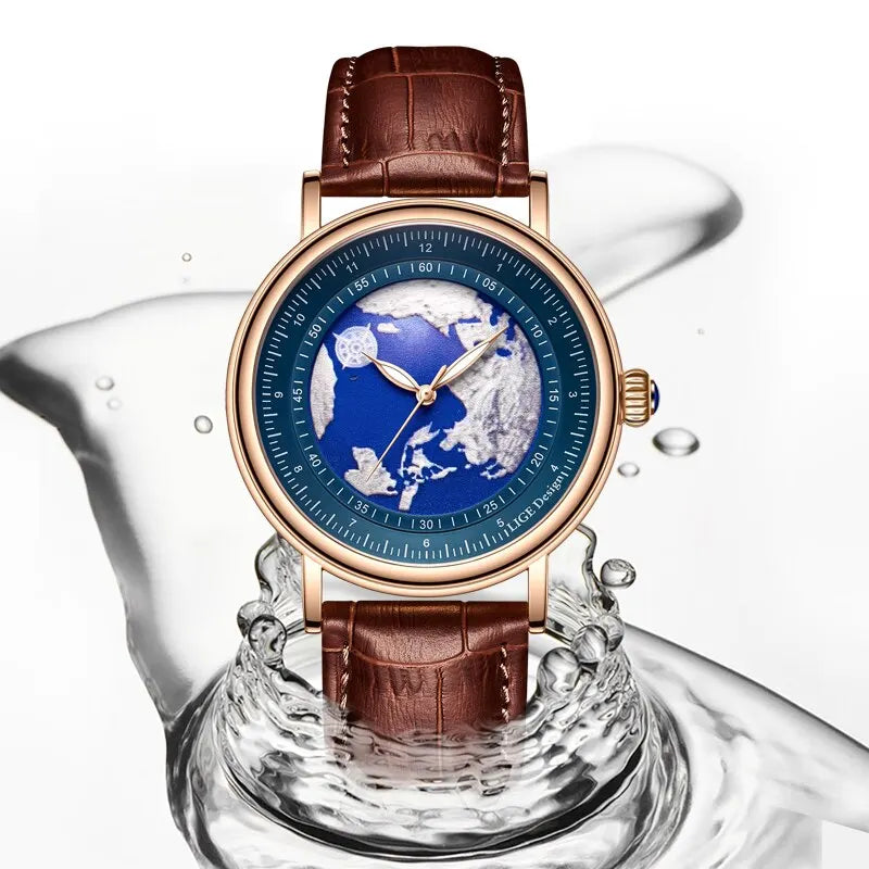 LIGE Mens Watches Fashion Blue Planet Creative