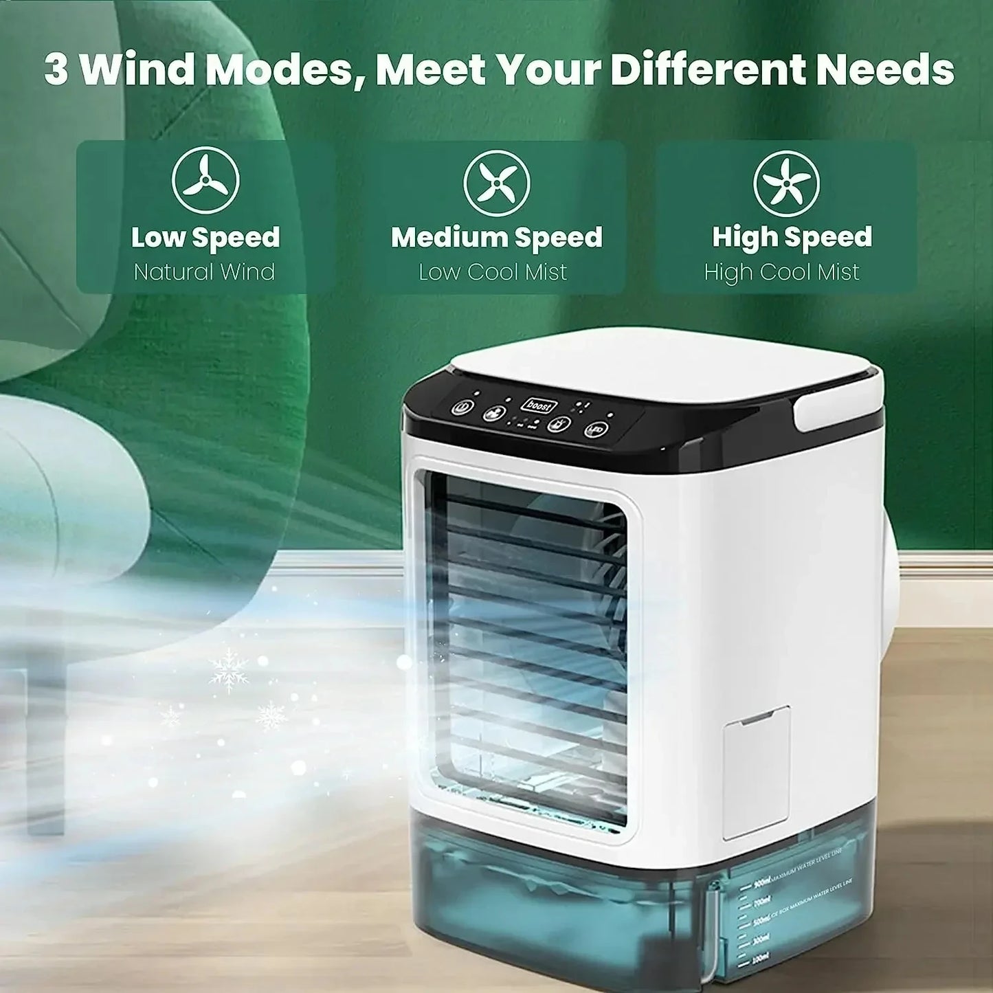 Portable Air Conditioner, 3-Speed Mini Air Cooler 900ML Water Tank