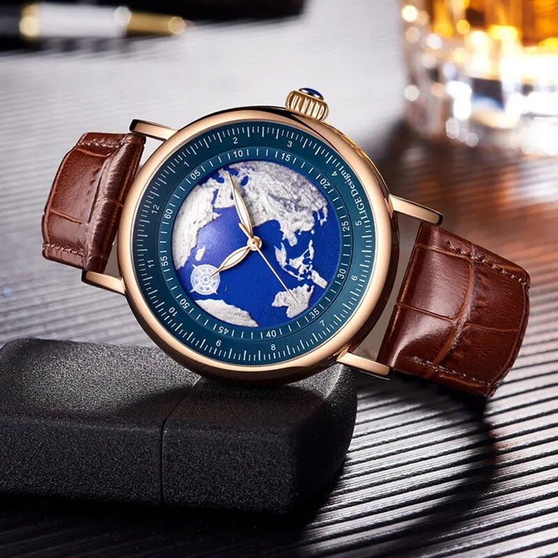 LIGE Mens Watches Fashion Blue Planet Creative