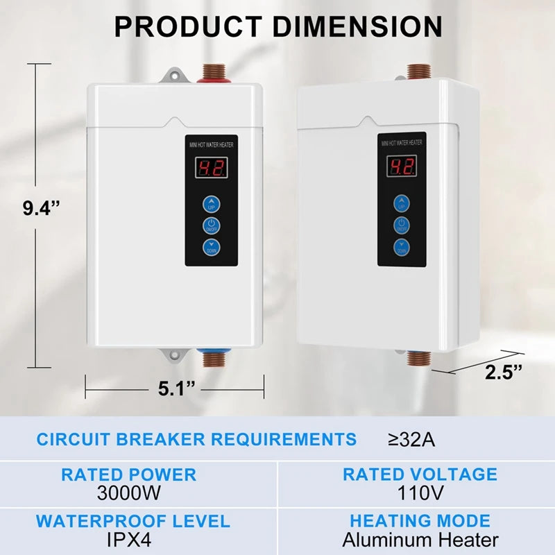 Tankless Electric Water Heater 3000W, With Remote Control, LCD Touch Screen Water Heat