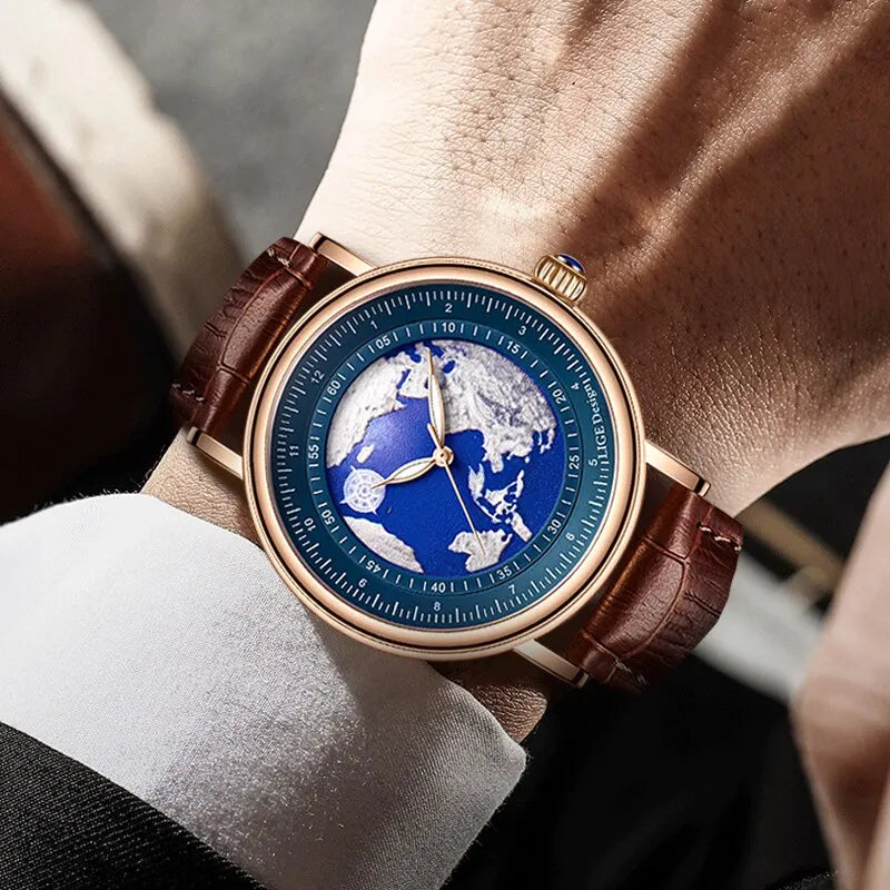 LIGE Mens Watches Fashion Blue Planet Creative