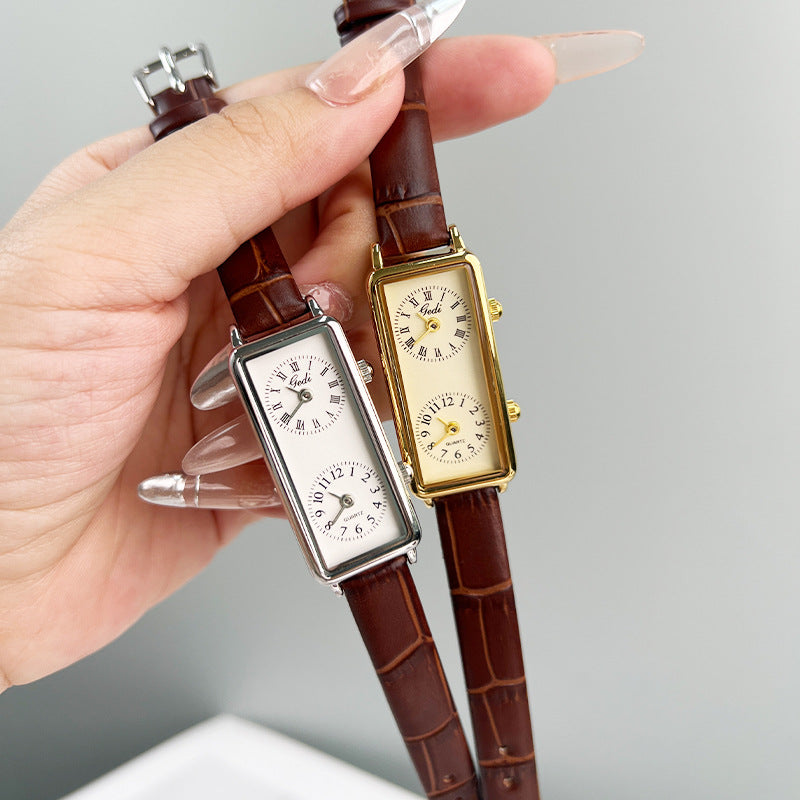 Double Time Zone Business Niche Retro Rectangular, Women's Quartz Watch
