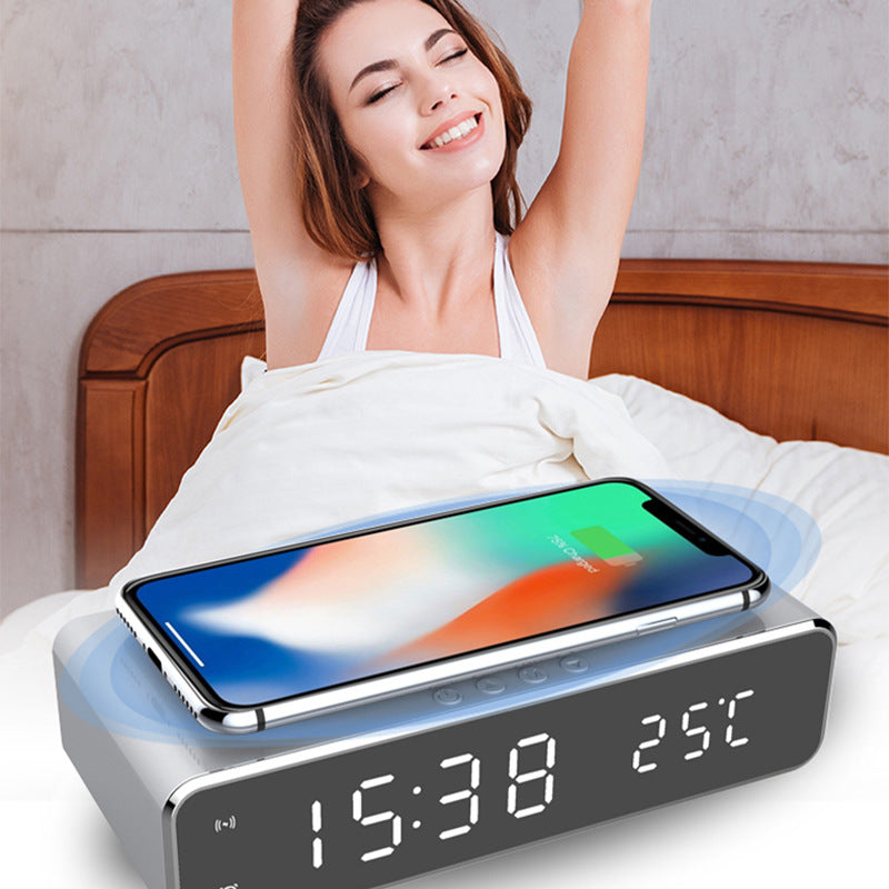 LED Electric Alarm Clock With Wireless Charger, Desktop Digital HD Mirror Clock