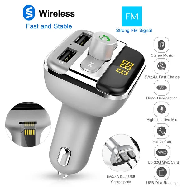 Car Wireless FM Transmitter, 3.4A Dual USB Charger